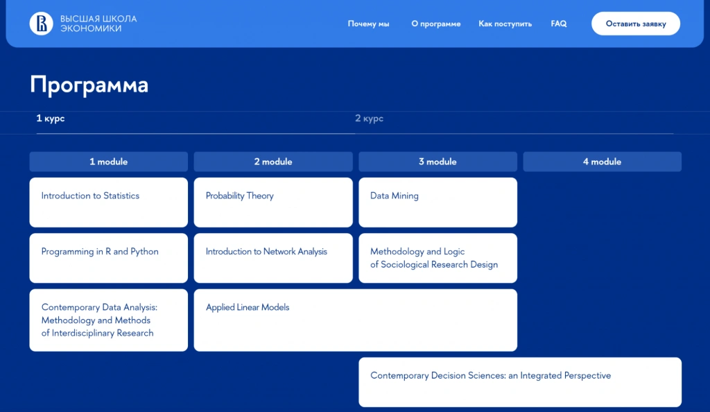 Пример модулей обучающей программы НИУ ВШЭ 